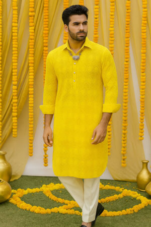 Yellow Threadwork Lakhnavi kurta