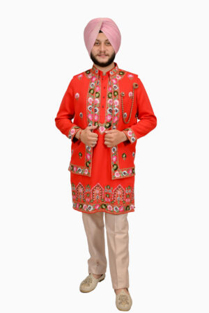 Red Floral embroidered Jacket Kurta Set