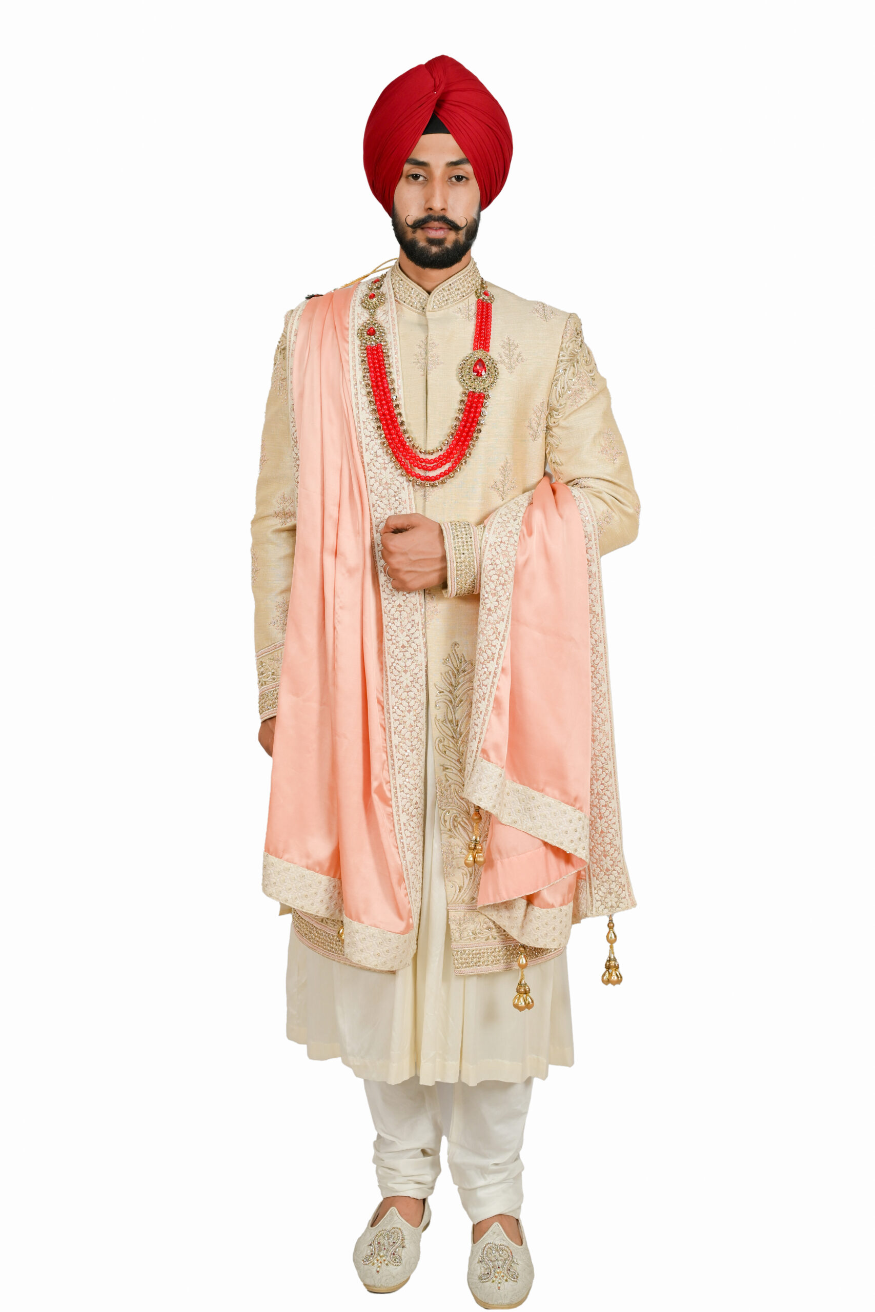 Golden and peach work embroidered sherwani