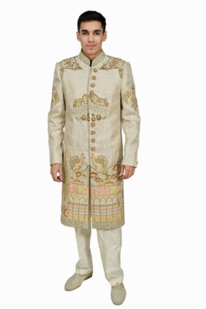 Luxurious Multicolor Beige Silk Sherwani