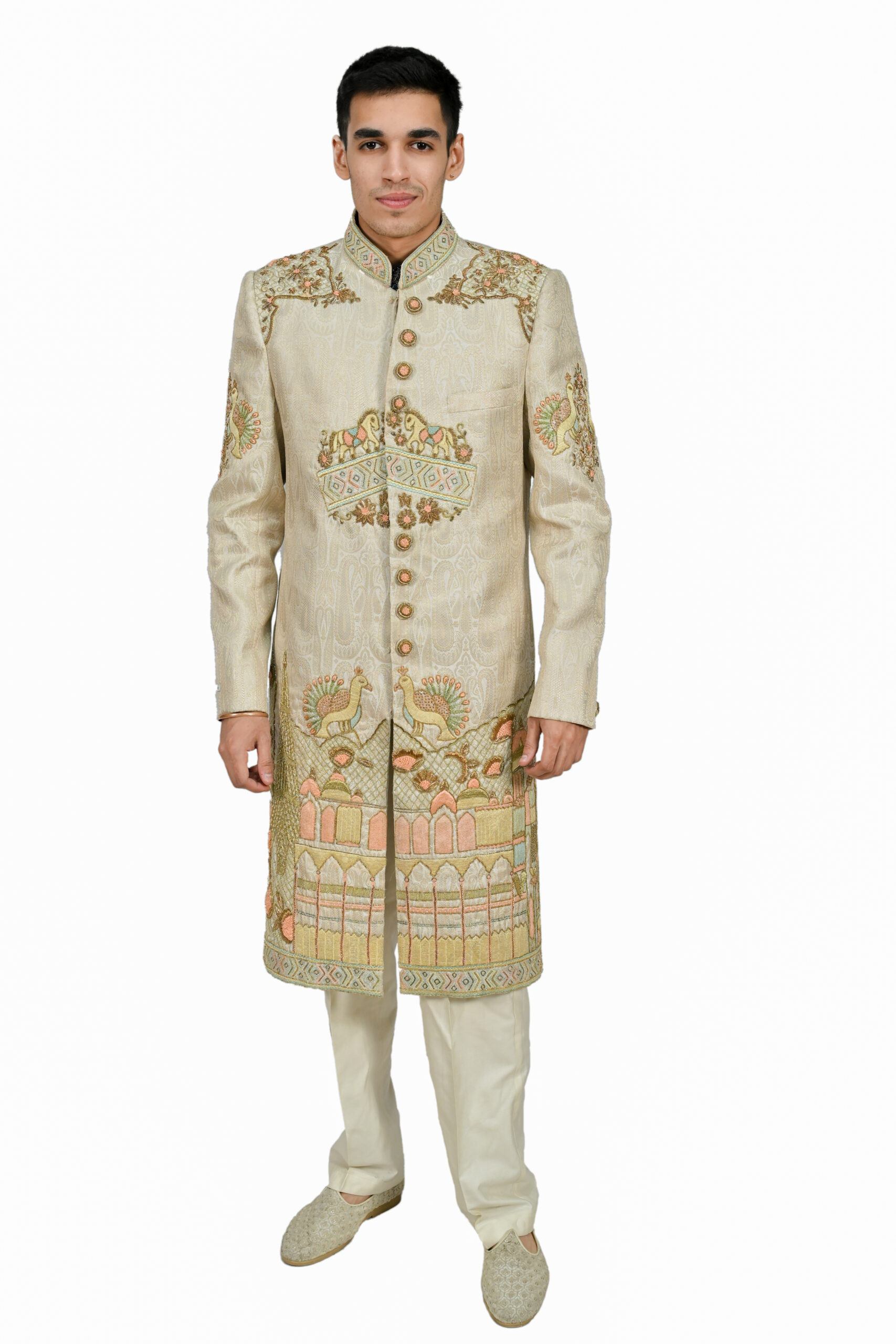 Luxurious Multicolor Beige Silk Sherwani