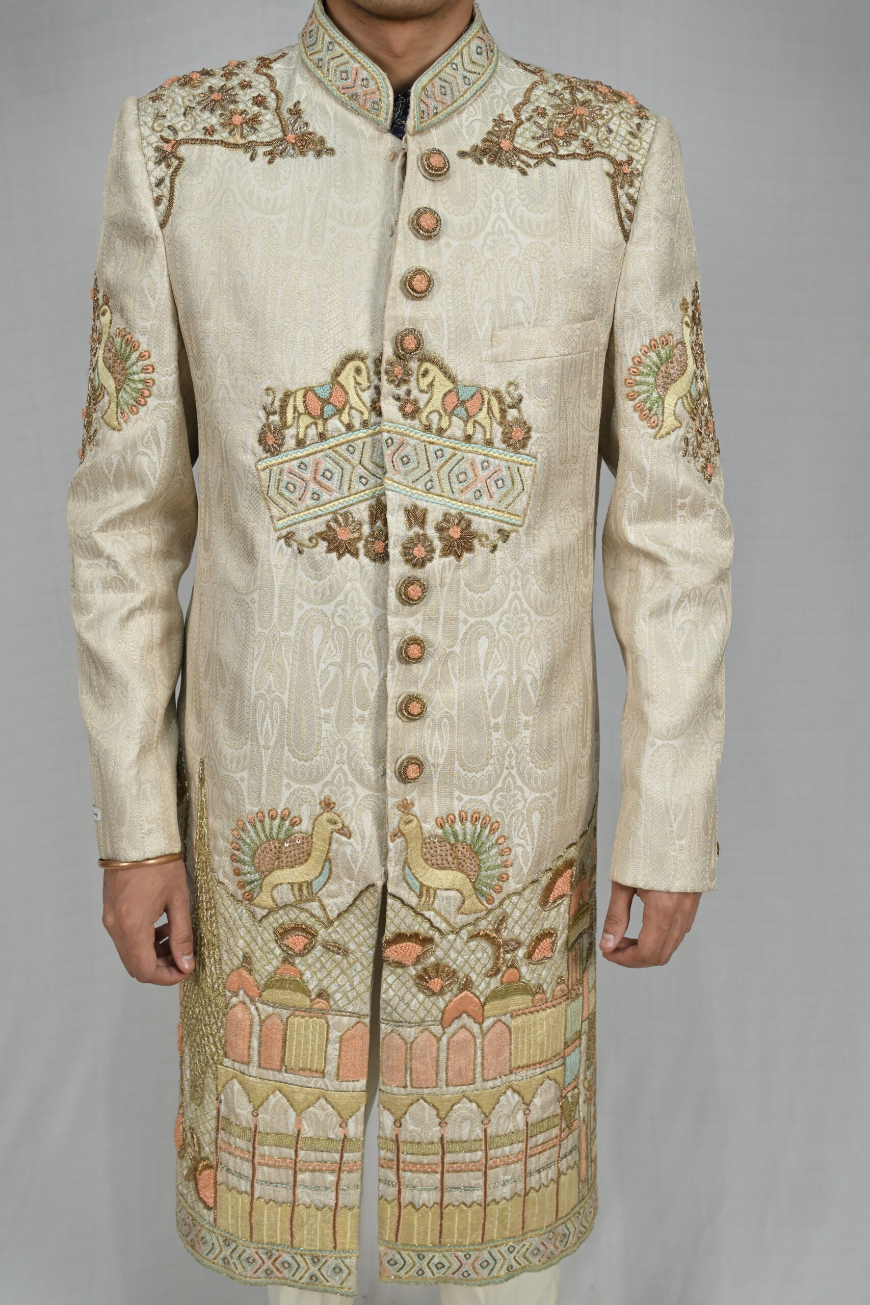 Luxurious Multicolor Beige Silk Sherwani - Image 2