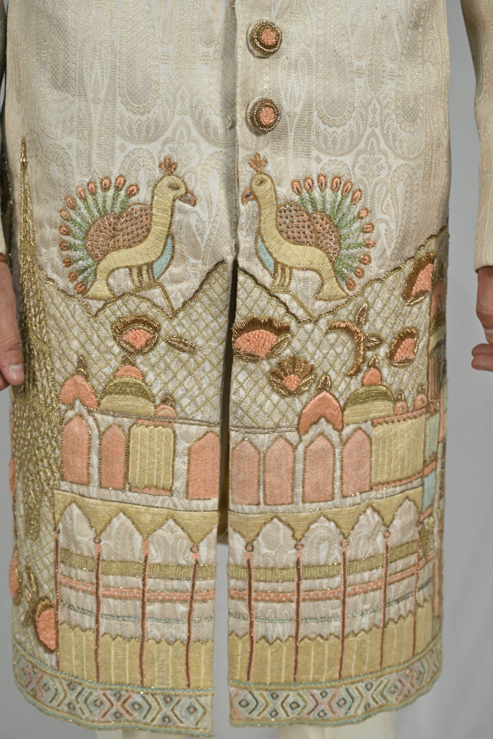 Luxurious Multicolor Beige Silk Sherwani - Image 3