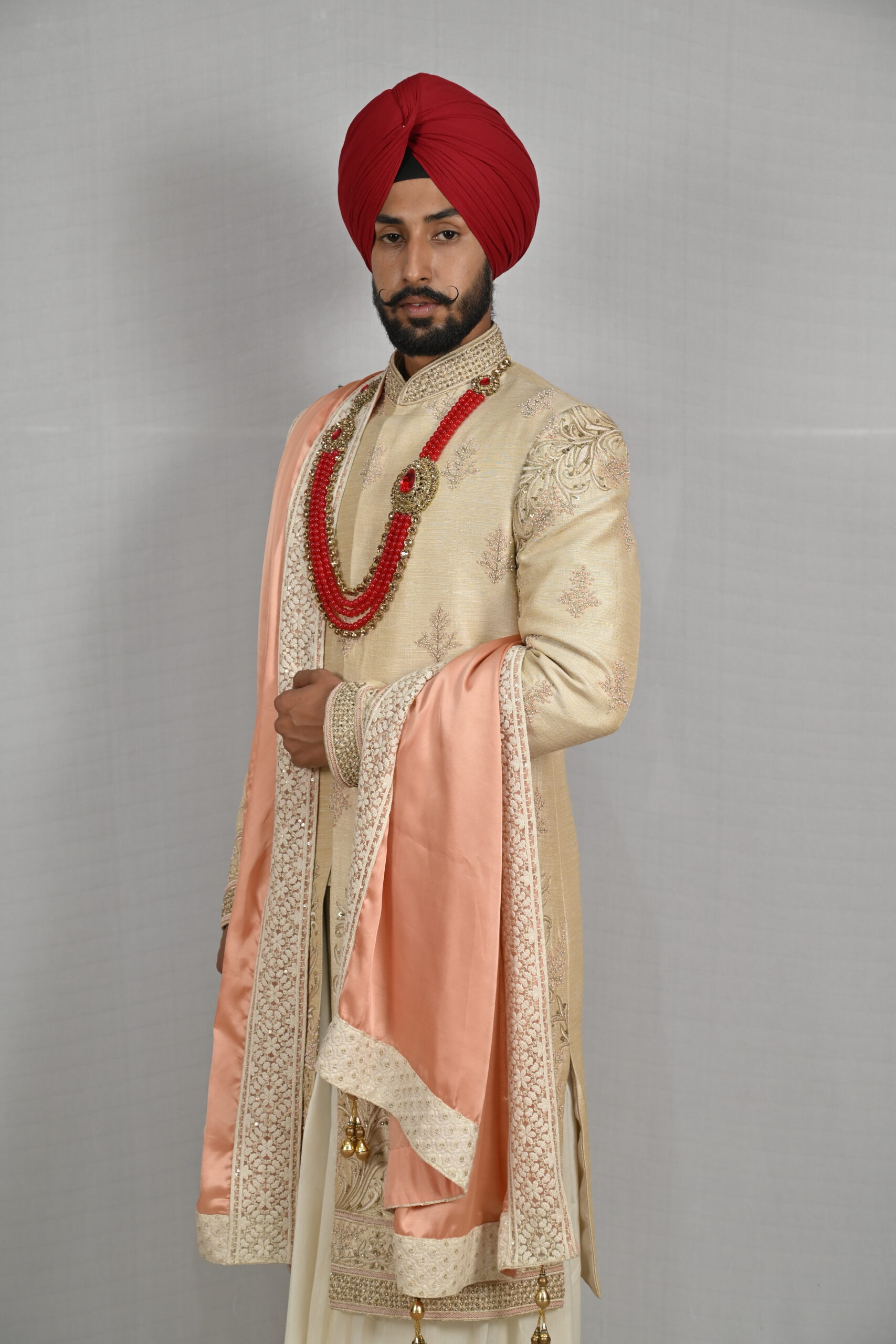 Golden and peach work embroidered sherwani - Image 2