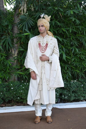 Off-white Sherwani Set with Embellished Palla