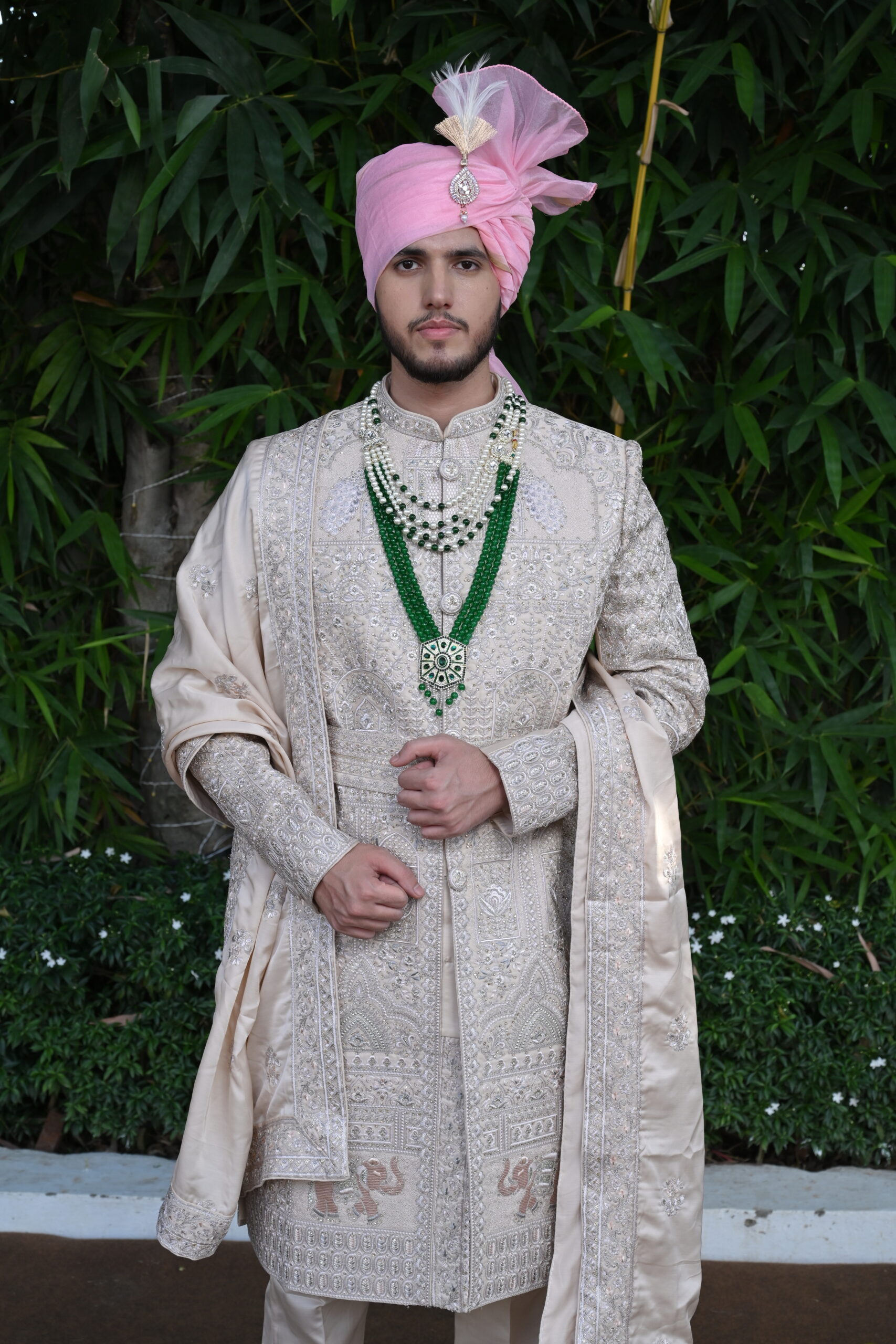 peach sherwani set with embellished palla