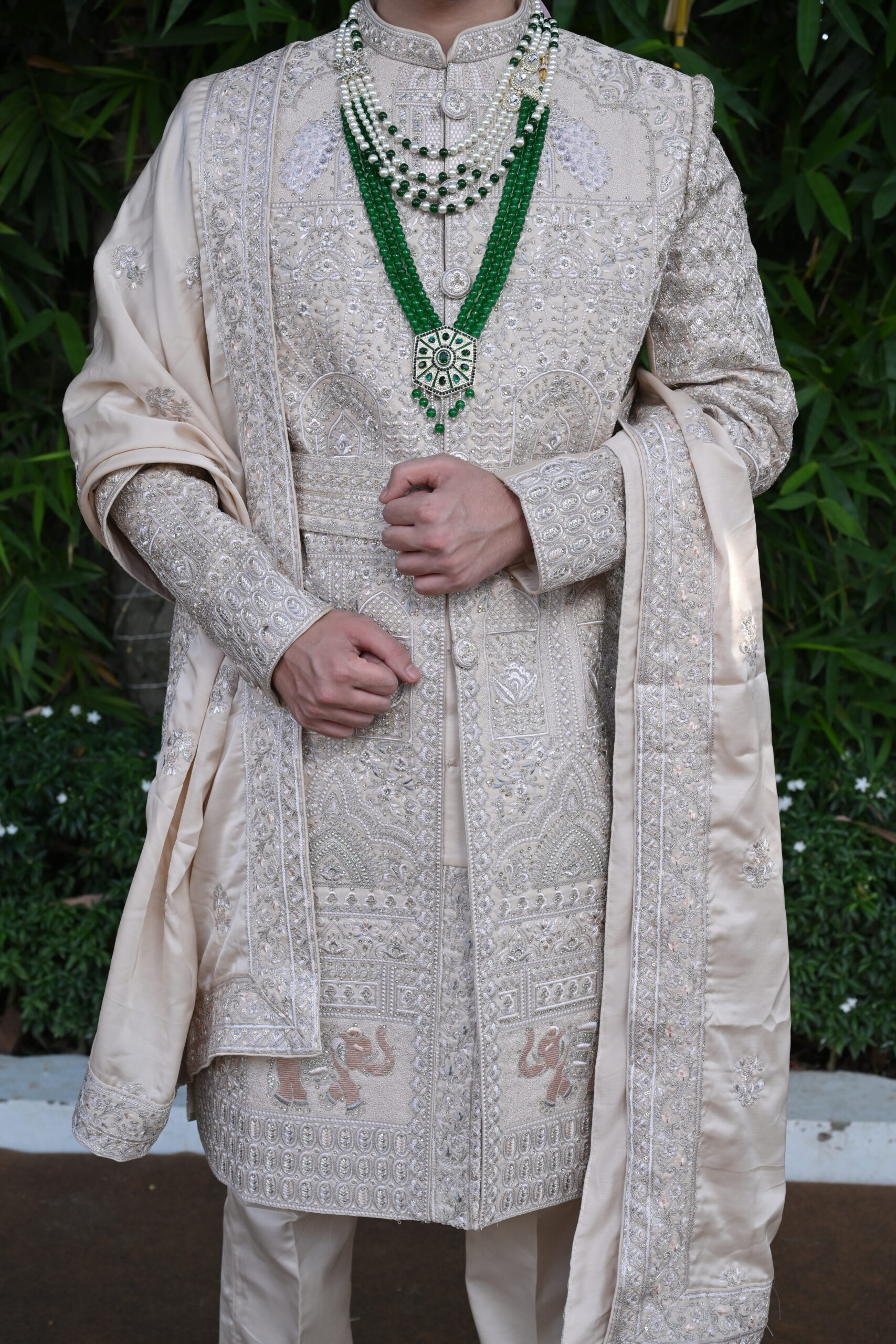 peach sherwani set with embellished palla - Image 2