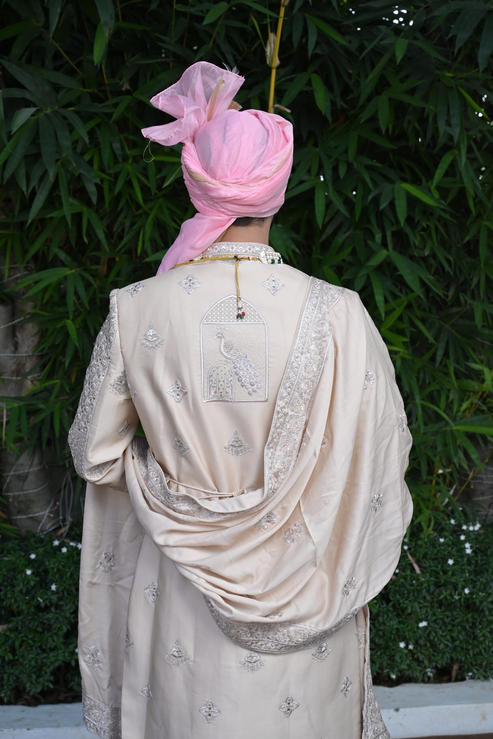 peach sherwani set with embellished palla - Image 5