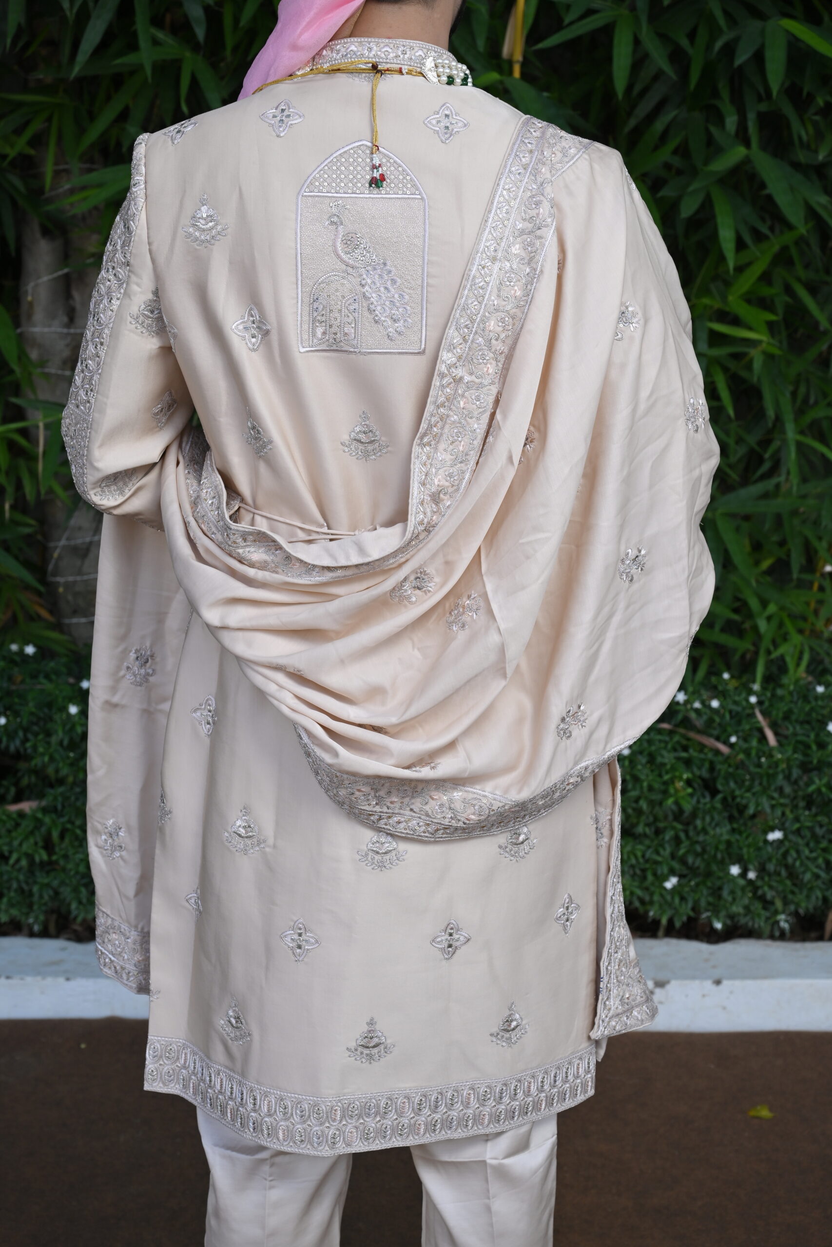 peach sherwani set with embellished palla - Image 7