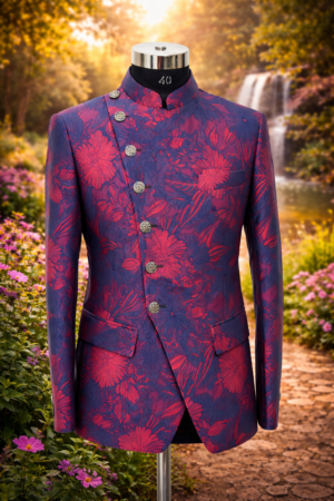 Blue Floral Jaal Patterned Jodhpuri Suit