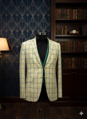 Beige Wool Rich Plaid Single Breasted Blazer