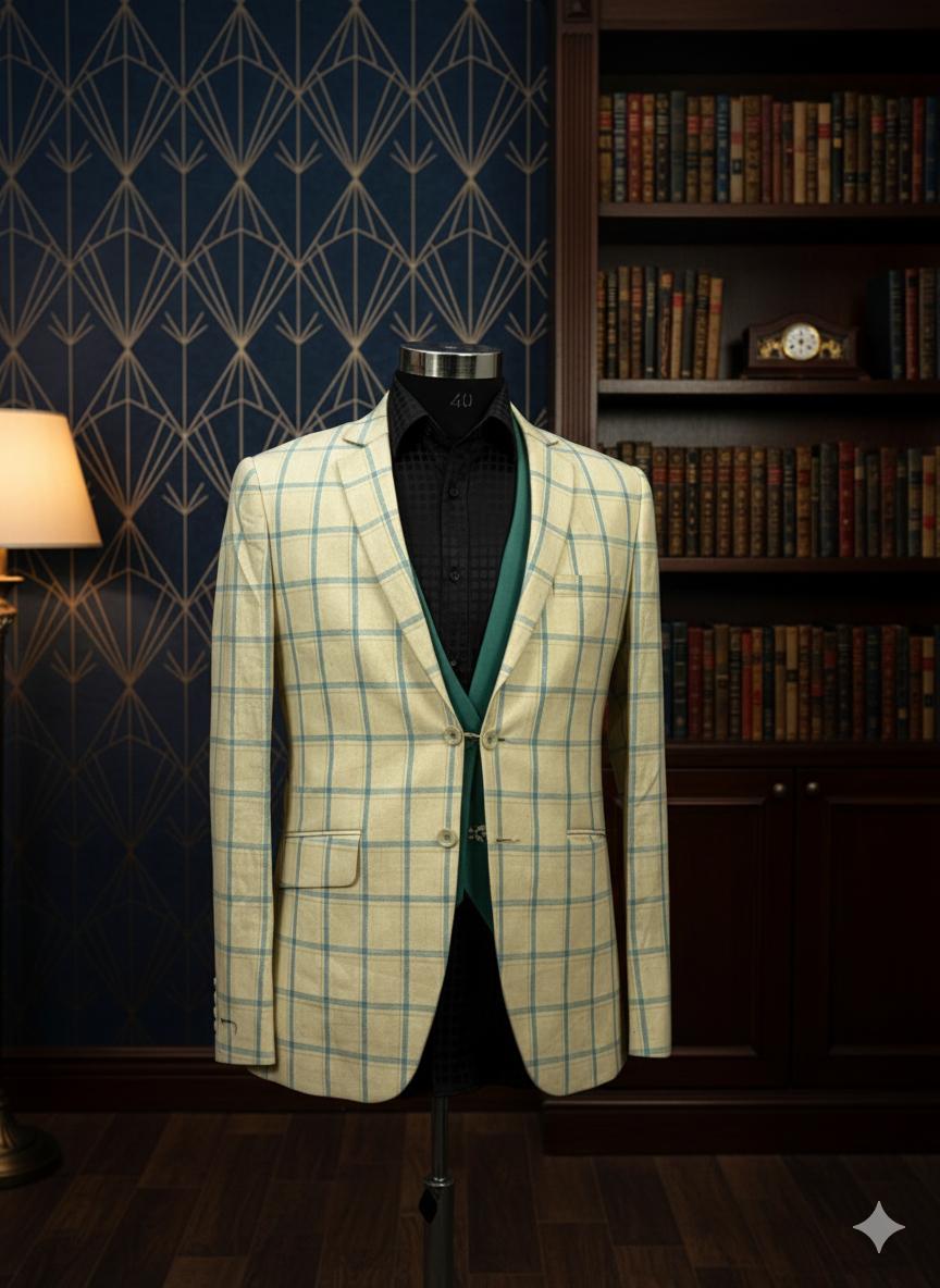 Beige Wool Rich Plaid Single Breasted Blazer