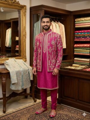 Men’s Dark Pink Kurta Jacket Set with Embroidery Work in Raw Silk