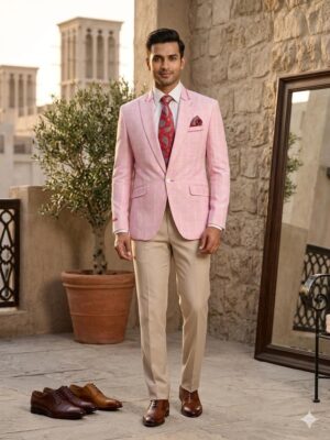 Checked Patterned Slim Fit Pink Men Suit